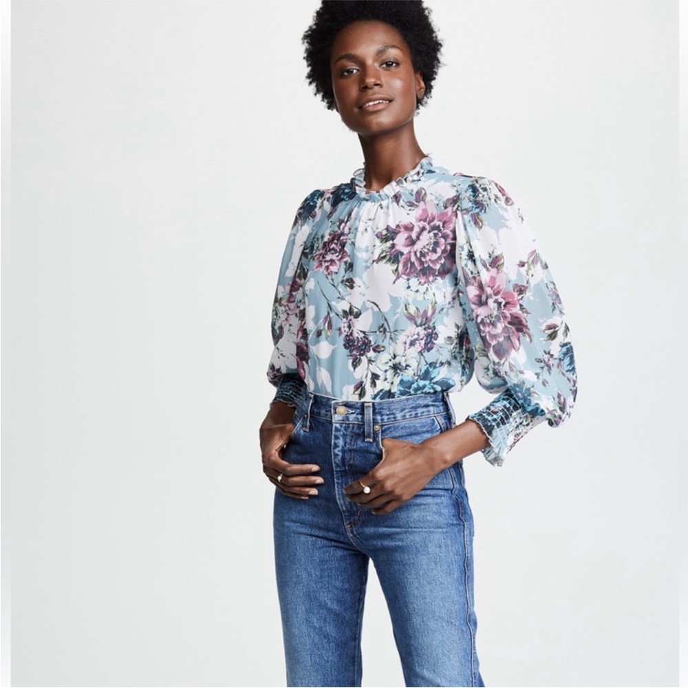 Amanda Uprichard • Blue Floral Puff Sleeve Top Helene Blouse Color Victoria Sz P